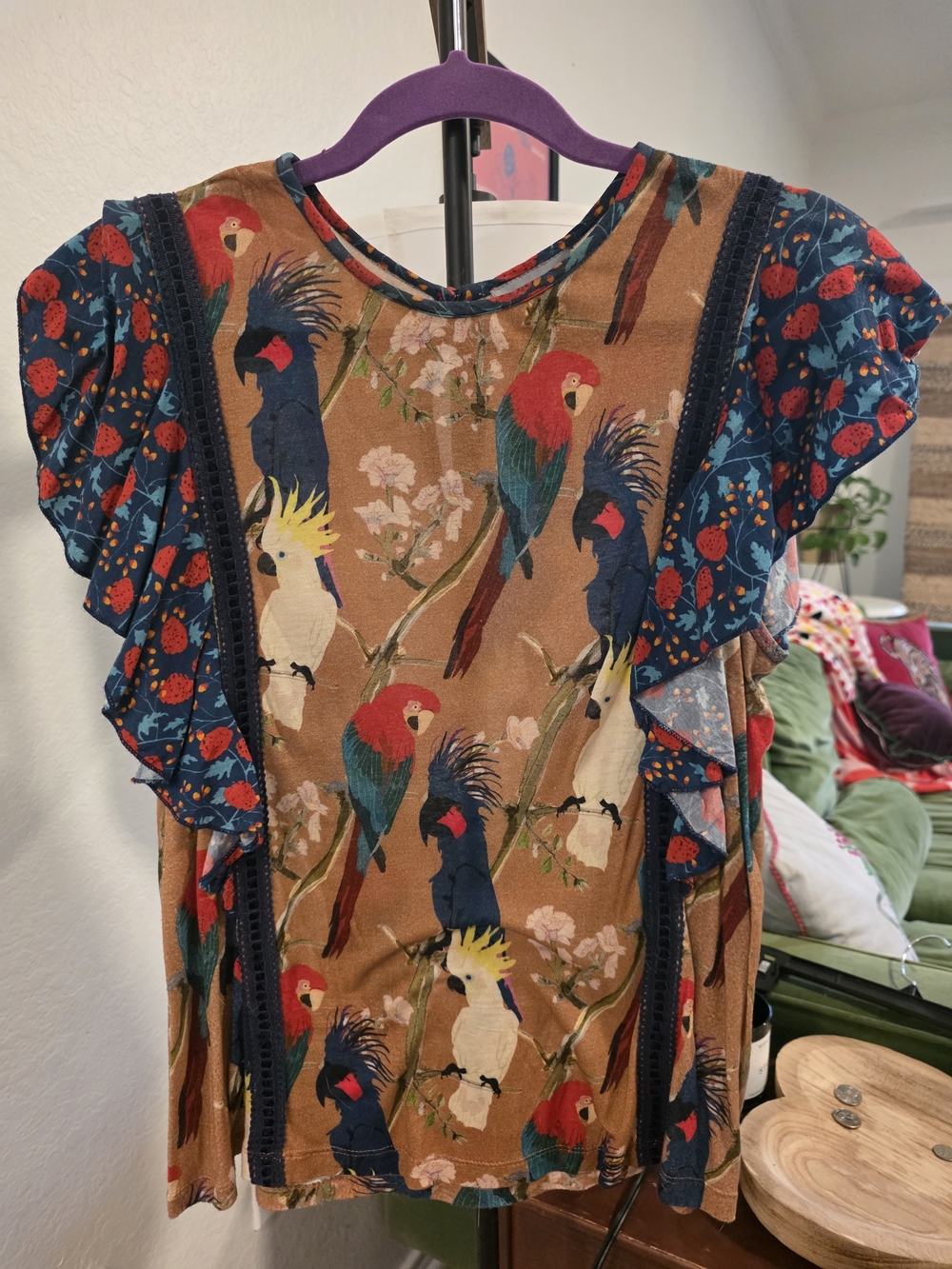 Anthropologie Conditions Apply Parrot Print Ruffle Sleeve Top